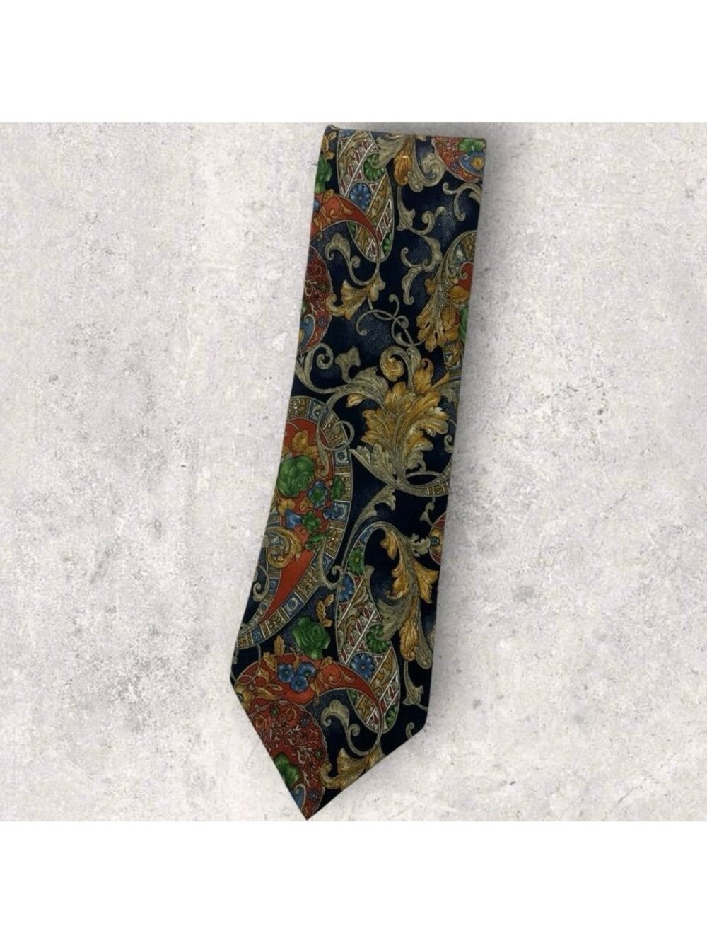 CARNAVAL DE VENISE Silk Tie ITALY Black Gold Paisley Baroque W:3.6" EUC